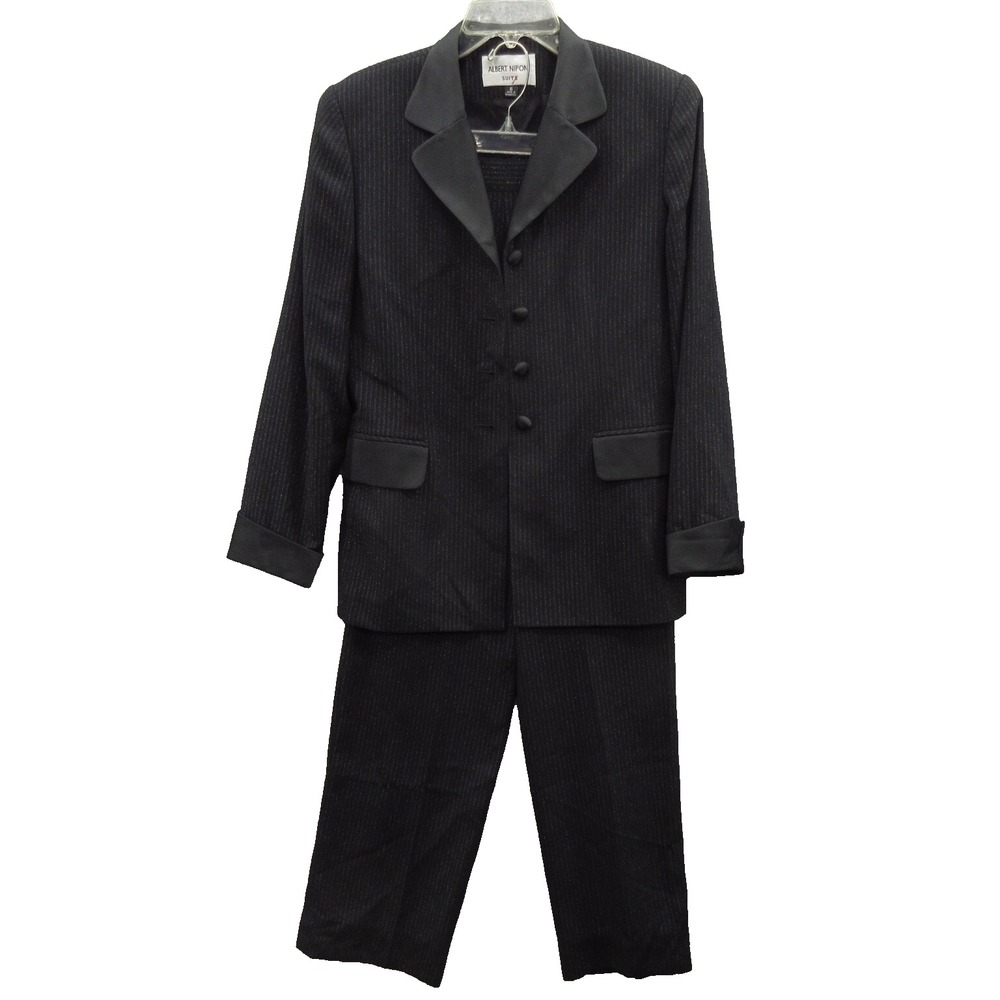 Albert Nipon Women's 2 Piece Suit 6 Black 100% Polyester Single Breasted Striped